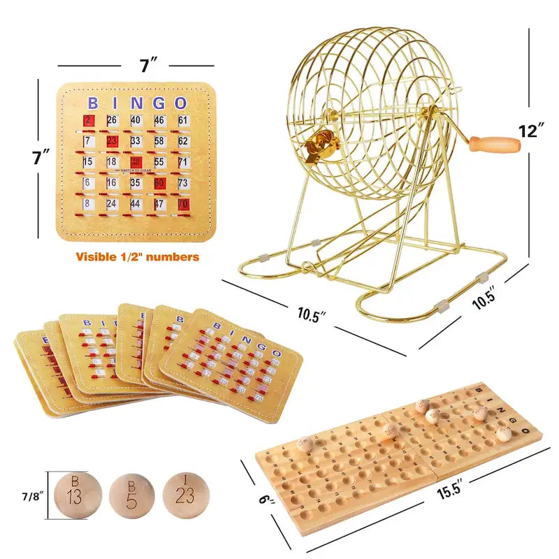 Jeu de loto GSE Shutter pour grands groupes. Grande cage et plateau de loto en laiton, 7/8 balles de loto en bois, 10 cartes de loto à volets