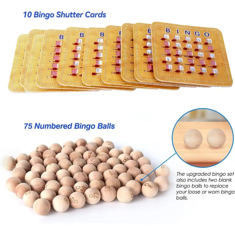 Jeu de loto GSE Shutter pour grands groupes. Grande cage et plateau de loto en laiton, 7/8 balles de loto en bois, 10 cartes de loto à volets