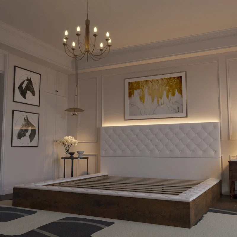 Cadre de lit LED Queen/King avec tête de lit capitonnée Meubles de chambre à coucher