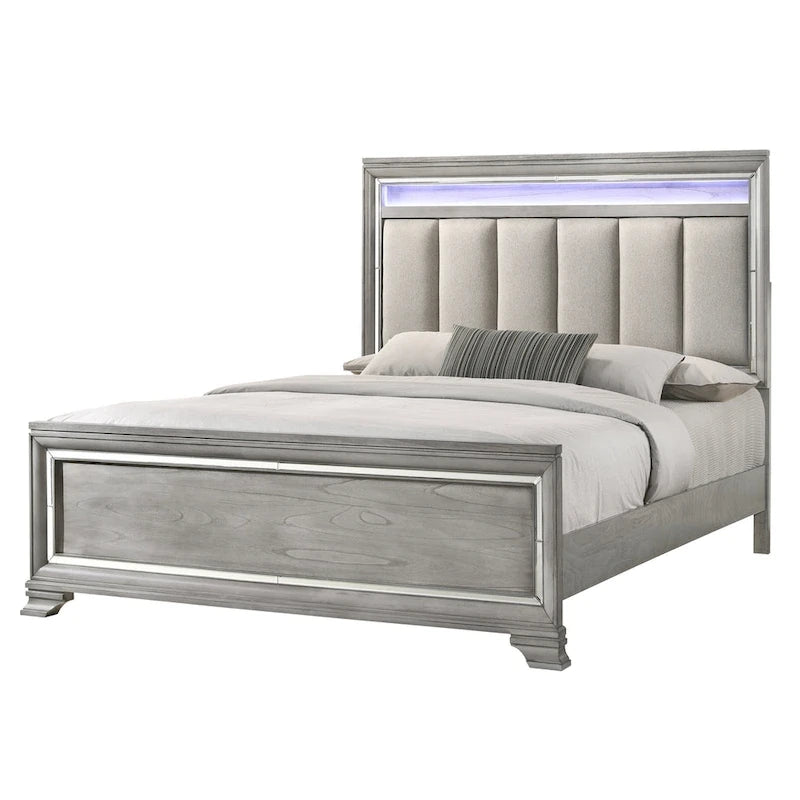 Ensemble de chambre à coucher 6 pièces en panneau rembourré gris Evonne avec éclairage DEL