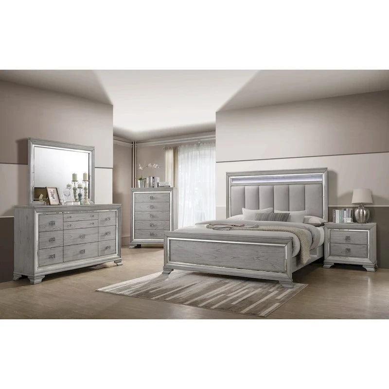 Ensemble de chambre à coucher 6 pièces en panneau rembourré gris Evonne avec éclairage DEL