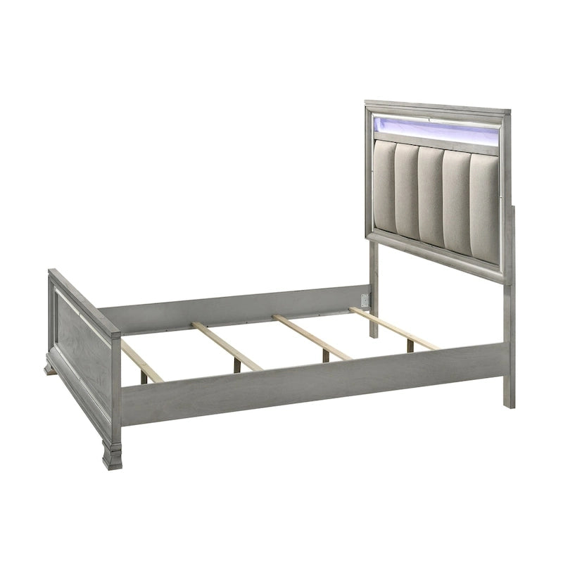 Ensemble de chambre à coucher 6 pièces en panneau rembourré gris Evonne avec éclairage DEL