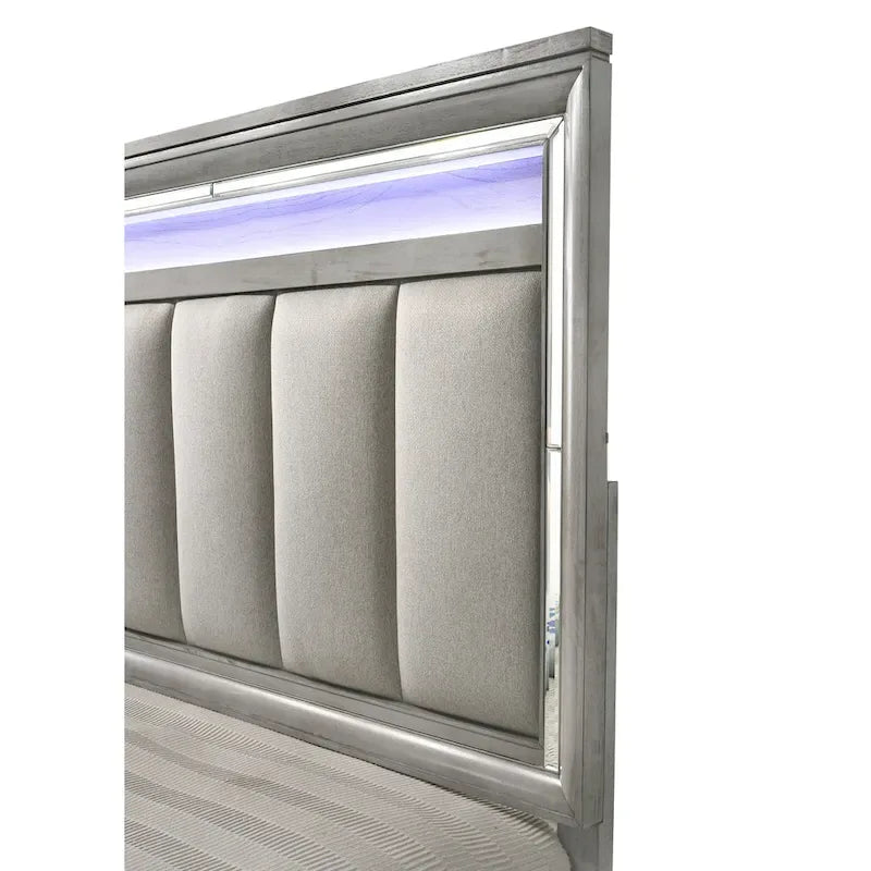 Ensemble de chambre à coucher 6 pièces en panneau rembourré gris Evonne avec éclairage DEL