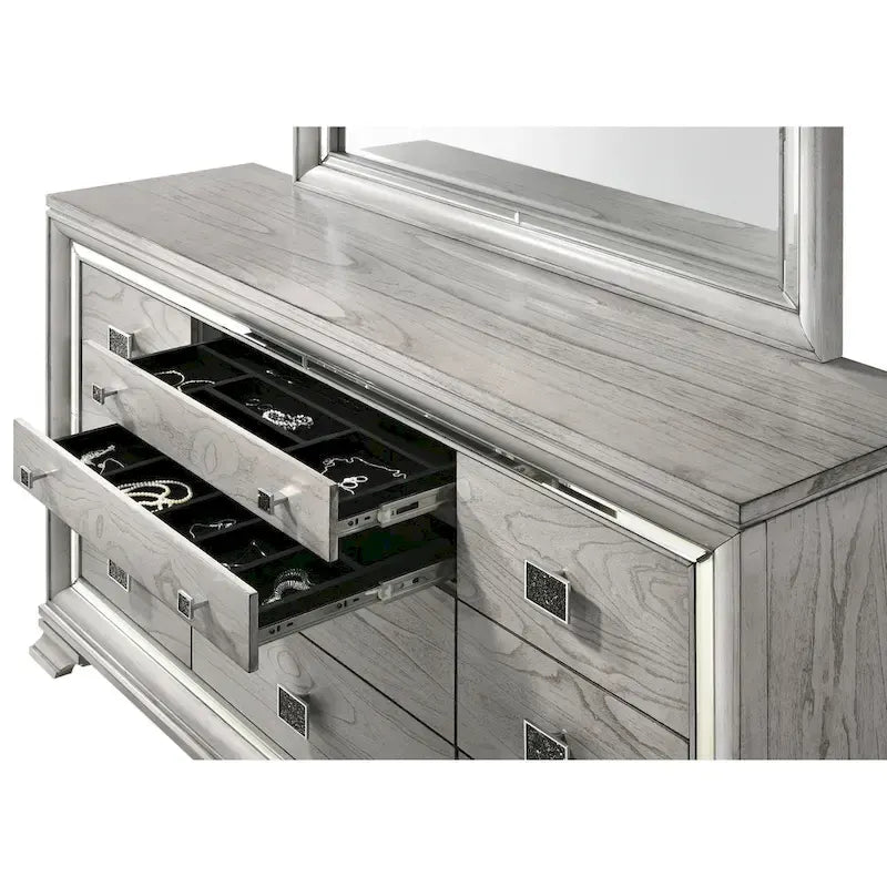 Ensemble de chambre à coucher 6 pièces en panneau rembourré gris Evonne avec éclairage DEL