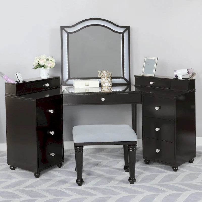 Meuble de maquillage Ulru 3 pièces en bois massif de style transitionnel avec éclairage DEL Furniture of America