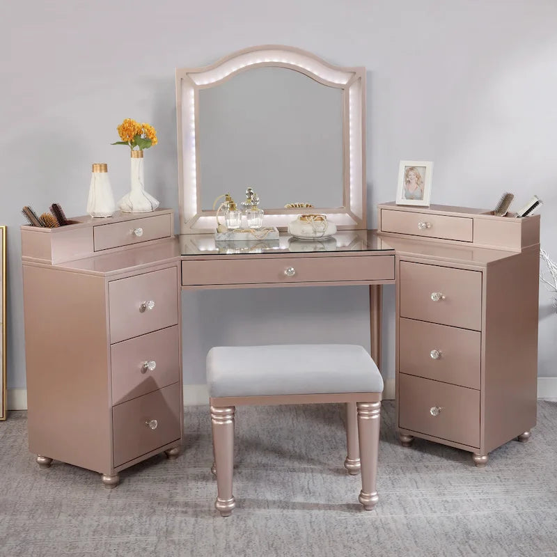 Meuble de maquillage Ulru 3 pièces en bois massif de style transitionnel avec éclairage DEL Furniture of America