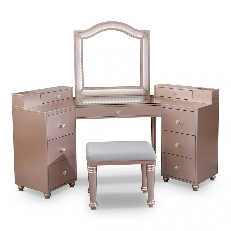 Meuble de maquillage Ulru 3 pièces en bois massif de style transitionnel avec éclairage DEL Furniture of America