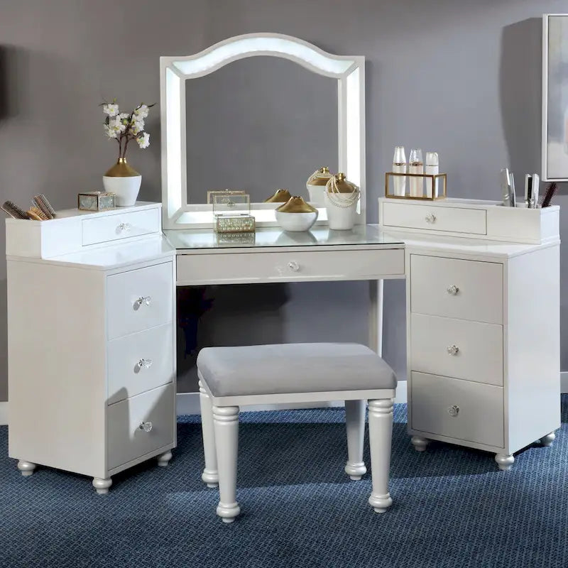 Meuble de maquillage Ulru 3 pièces en bois massif de style transitionnel avec éclairage DEL Furniture of America