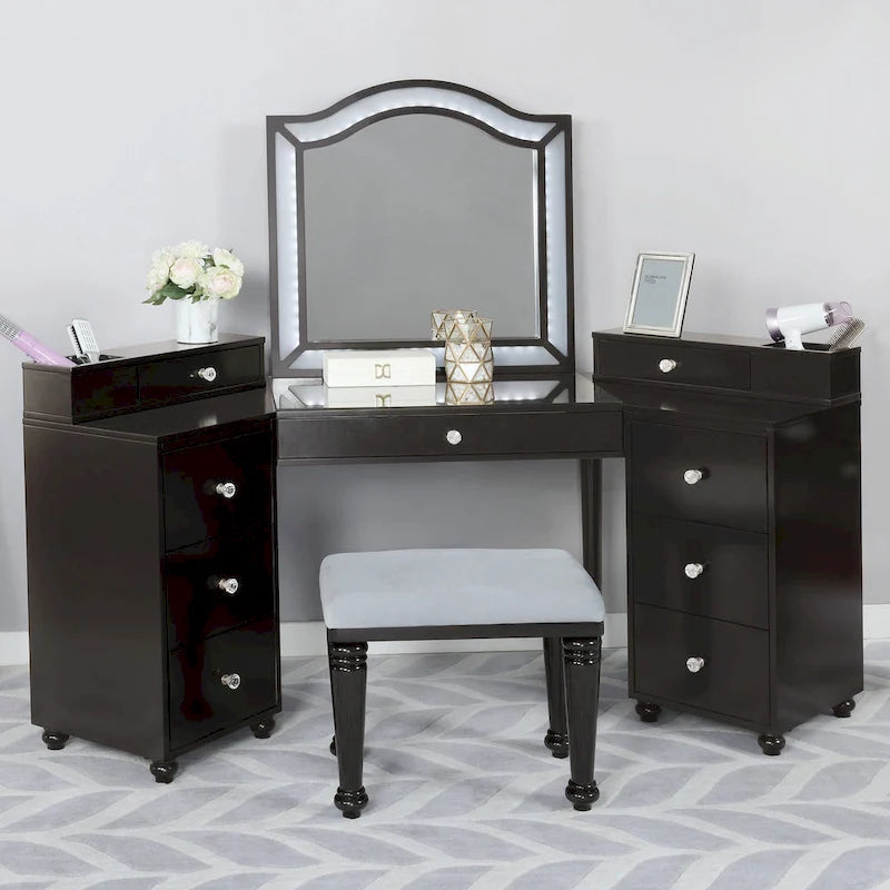 Meuble de maquillage Ulru 3 pièces en bois massif de style transitionnel avec éclairage DEL Furniture of America