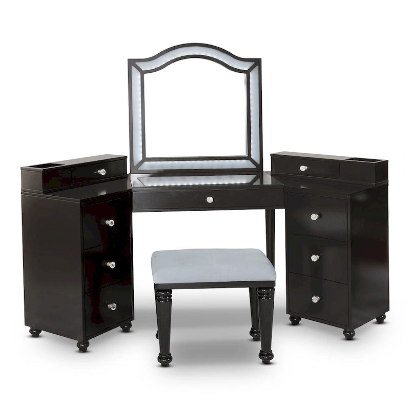 Meuble de maquillage Ulru 3 pièces en bois massif de style transitionnel avec éclairage DEL Furniture of America