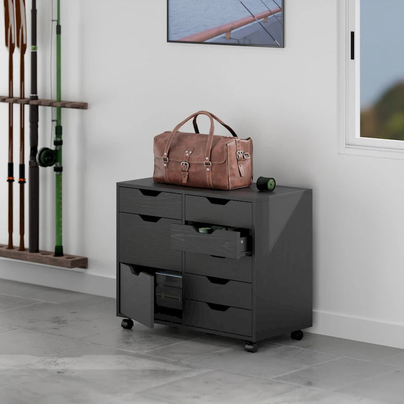Meuble de rangement mobile à 6 tiroirs en laque noire, une place