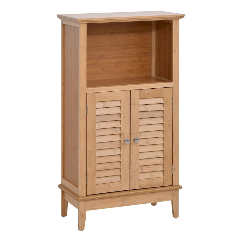 Meuble de rangement marron en bambou avec étagère ouverte et 2 portes, montage par 1 personne