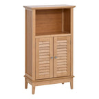 Meuble de rangement marron en bambou avec étagère ouverte et 2 portes, montage par 1 personne