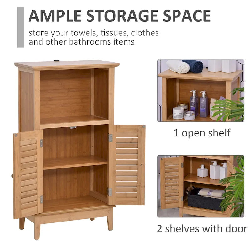 Meuble de rangement marron en bambou avec étagère ouverte et 2 portes, montage par 1 personne
