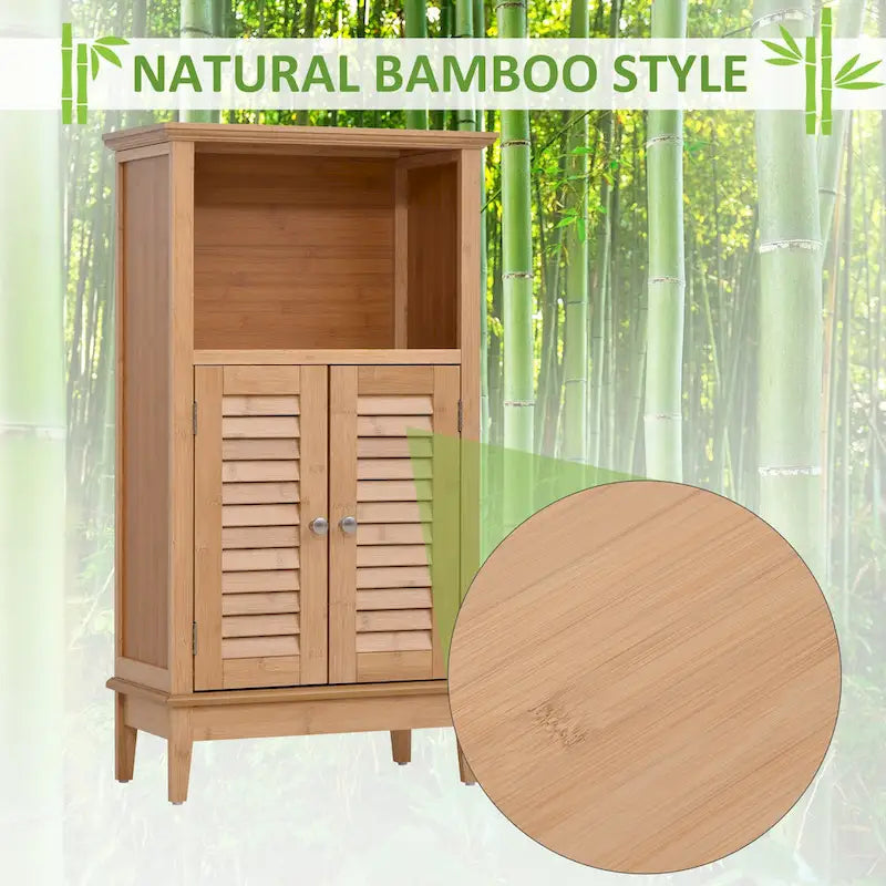 Meuble de rangement marron en bambou avec étagère ouverte et 2 portes, montage par 1 personne