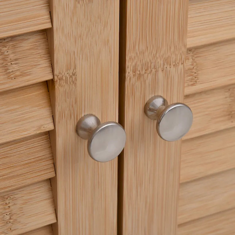Meuble de rangement marron en bambou avec étagère ouverte et 2 portes, montage par 1 personne