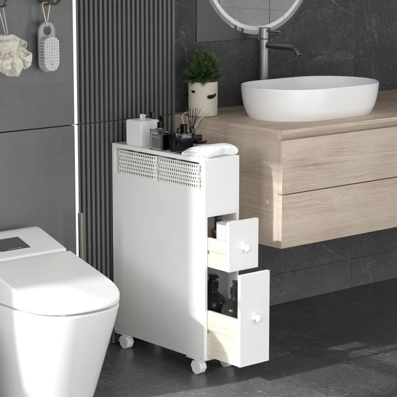 Meuble de rangement en bois autoportant avec panier de rangement pour salle de bain étroite