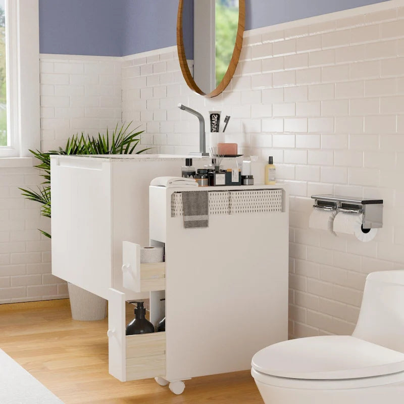 Meuble de rangement en bois autoportant avec panier de rangement pour salle de bain étroite