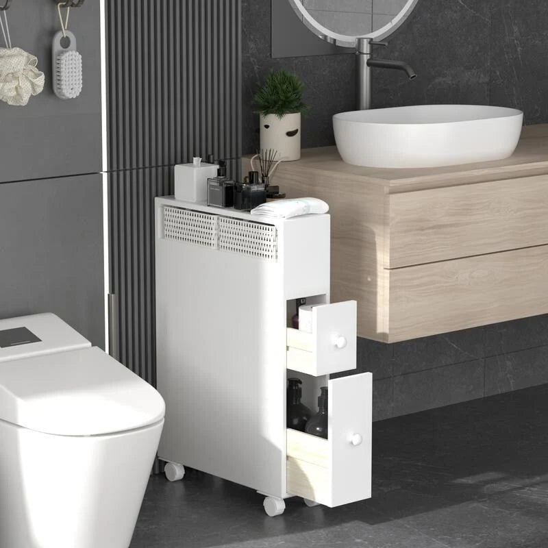 Meuble de rangement en bois autoportant avec panier de rangement pour salle de bain étroite