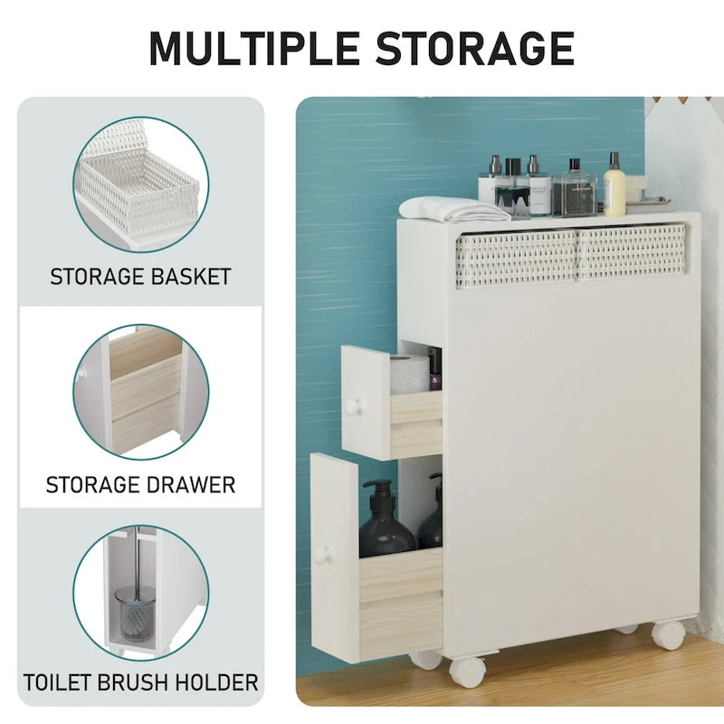 Meuble de rangement en bois autoportant avec panier de rangement pour salle de bain étroite