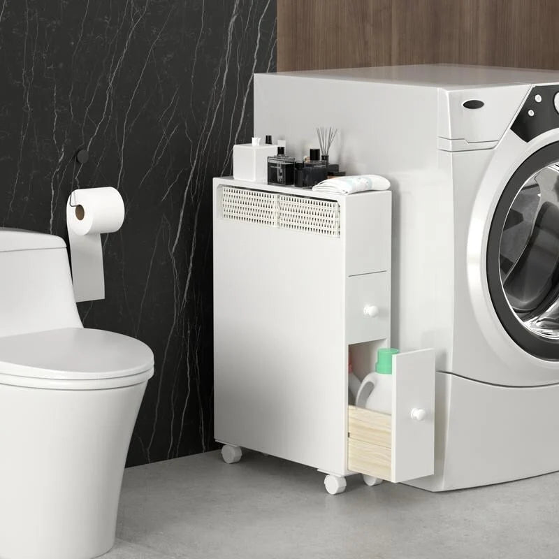 Meuble de rangement en bois autoportant avec panier de rangement pour salle de bain étroite