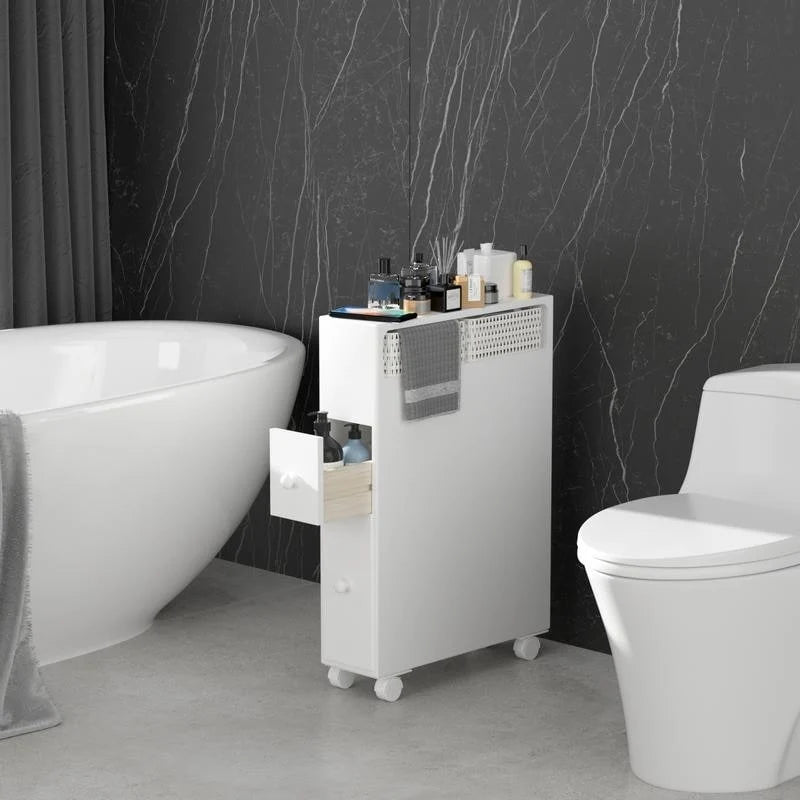 Meuble de rangement en bois autoportant avec panier de rangement pour salle de bain étroite