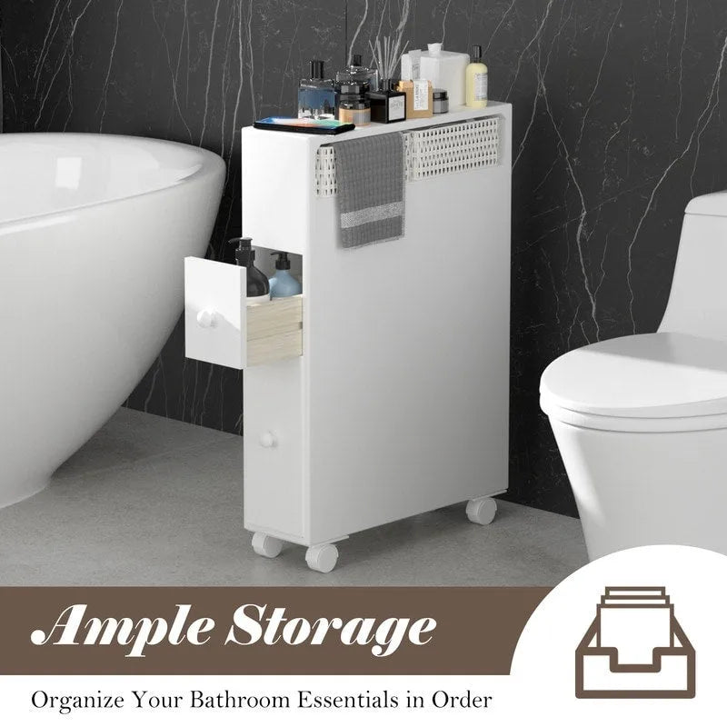 Meuble de rangement en bois autoportant avec panier de rangement pour salle de bain étroite