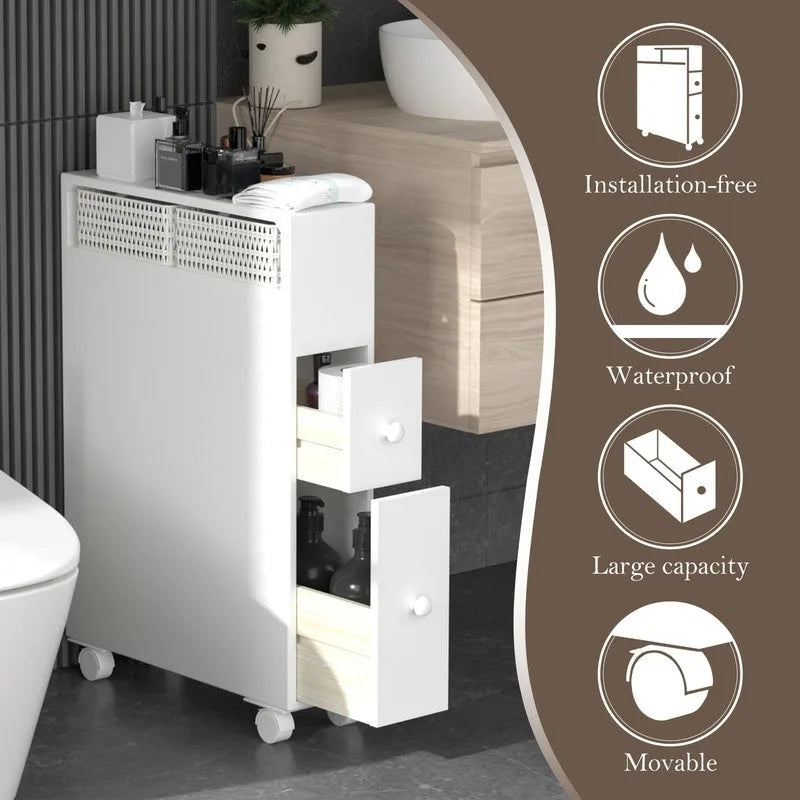 Meuble de rangement en bois autoportant avec panier de rangement pour salle de bain étroite