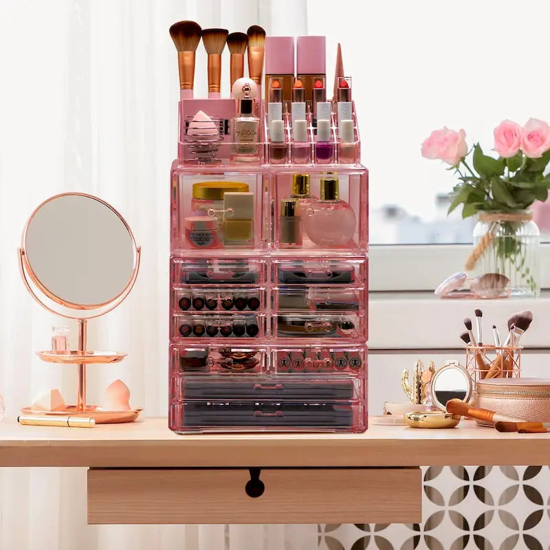 Organisateur de maquillage et de bijoux transparent, ensemble de 4 pièces – Rose / Marbre / Violet / Noir / Bleu sarcelle