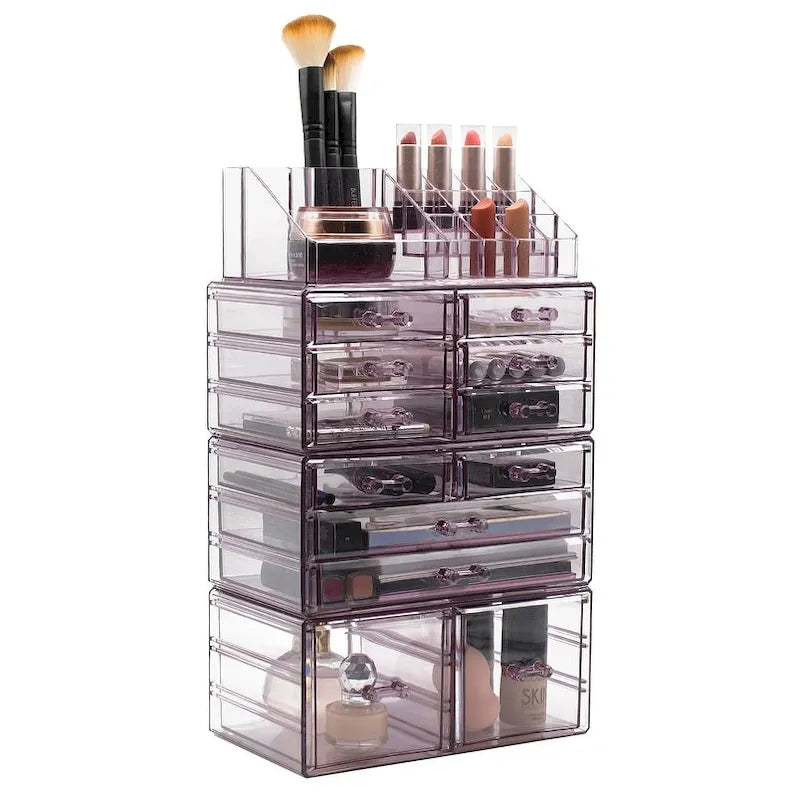 Organisateur de maquillage et de bijoux transparent, ensemble de 4 pièces – Rose / Marbre / Violet / Noir / Bleu sarcelle