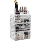 Organisateur de maquillage et de bijoux transparent, ensemble de 4 pièces – Rose / Marbre / Violet / Noir / Bleu sarcelle