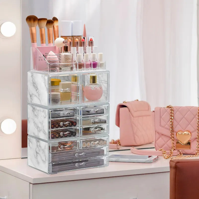 Organisateur de maquillage et de bijoux transparent, ensemble de 4 pièces – Rose / Marbre / Violet / Noir / Bleu sarcelle