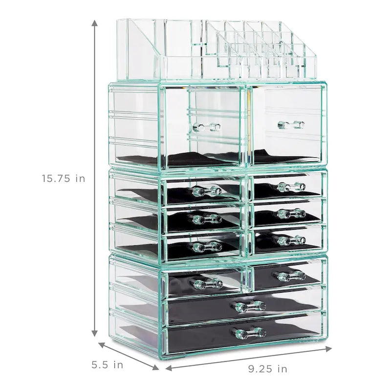 Organisateur de maquillage et de bijoux transparent, ensemble de 4 pièces – Rose / Marbre / Violet / Noir / Bleu sarcelle