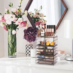 Organisateur de maquillage et de bijoux transparent, ensemble de 4 pièces – Rose / Marbre / Violet / Noir / Bleu sarcelle