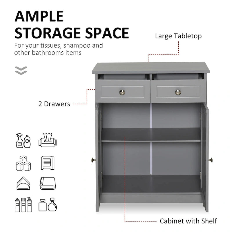 kleankin Meuble de salle de bain sur pied avec 2 portes, 2 tiroirs, étagère réglable, Gris