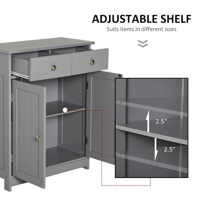 kleankin Meuble de salle de bain sur pied avec 2 portes, 2 tiroirs, étagère réglable, Gris