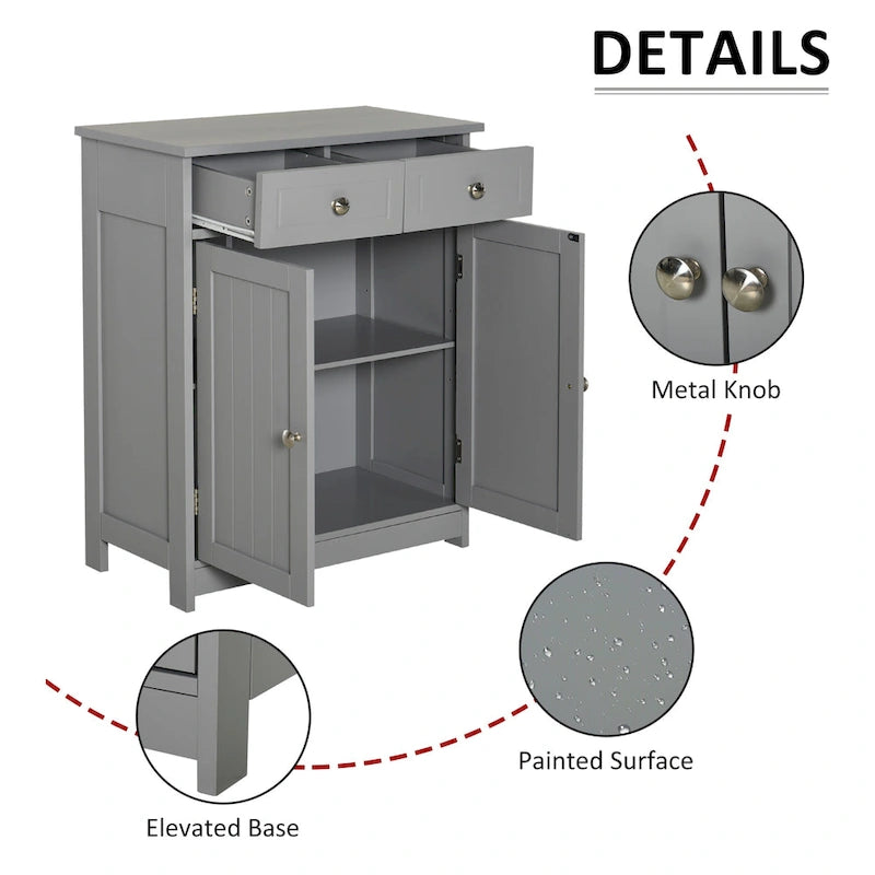 kleankin Meuble de salle de bain sur pied avec 2 portes, 2 tiroirs, étagère réglable, Gris
