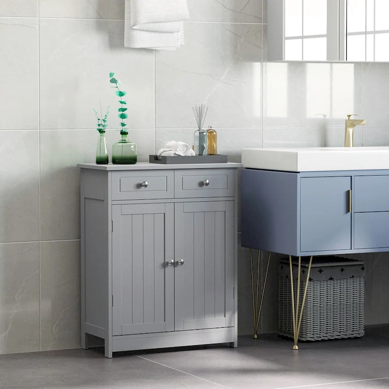 kleankin Meuble de salle de bain sur pied avec 2 portes, 2 tiroirs, étagère réglable, Gris
