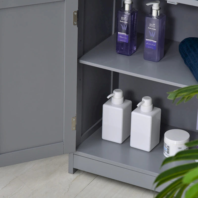 kleankin Meuble de salle de bain sur pied avec 2 portes, 2 tiroirs, étagère réglable, Gris