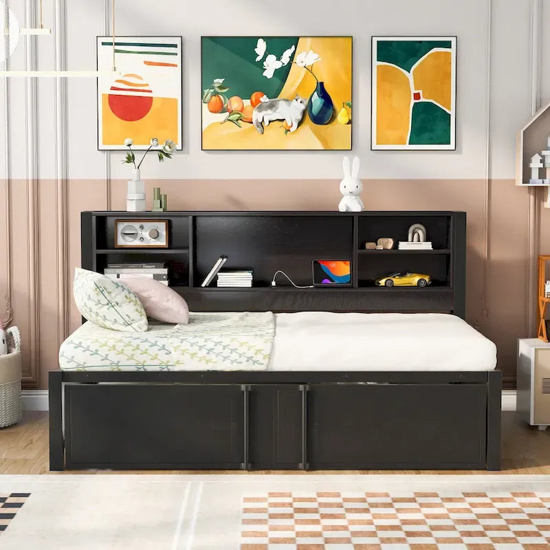 Lit de repos double en métal avec lit gigogne double, étagères de rangement et ports USB, noir