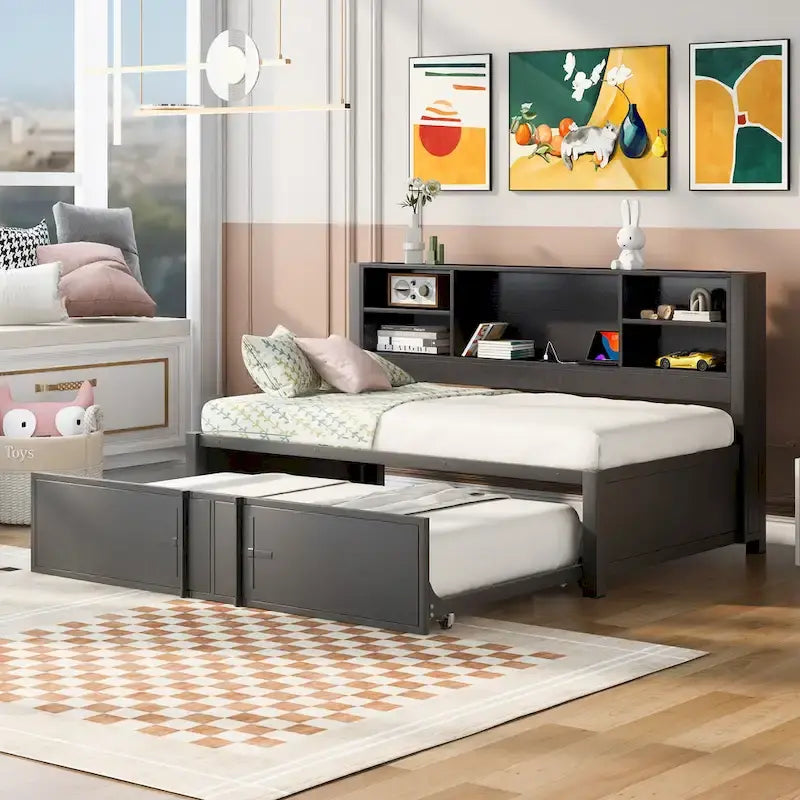 Lit de repos double en métal avec lit gigogne double, étagères de rangement et ports USB, noir
