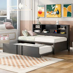 Lit de repos double en métal avec lit gigogne double, étagères de rangement et ports USB, noir