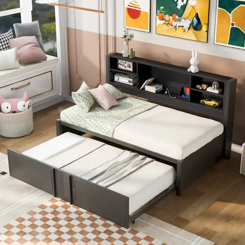 Lit de repos double en métal avec lit gigogne double, étagères de rangement et ports USB, noir