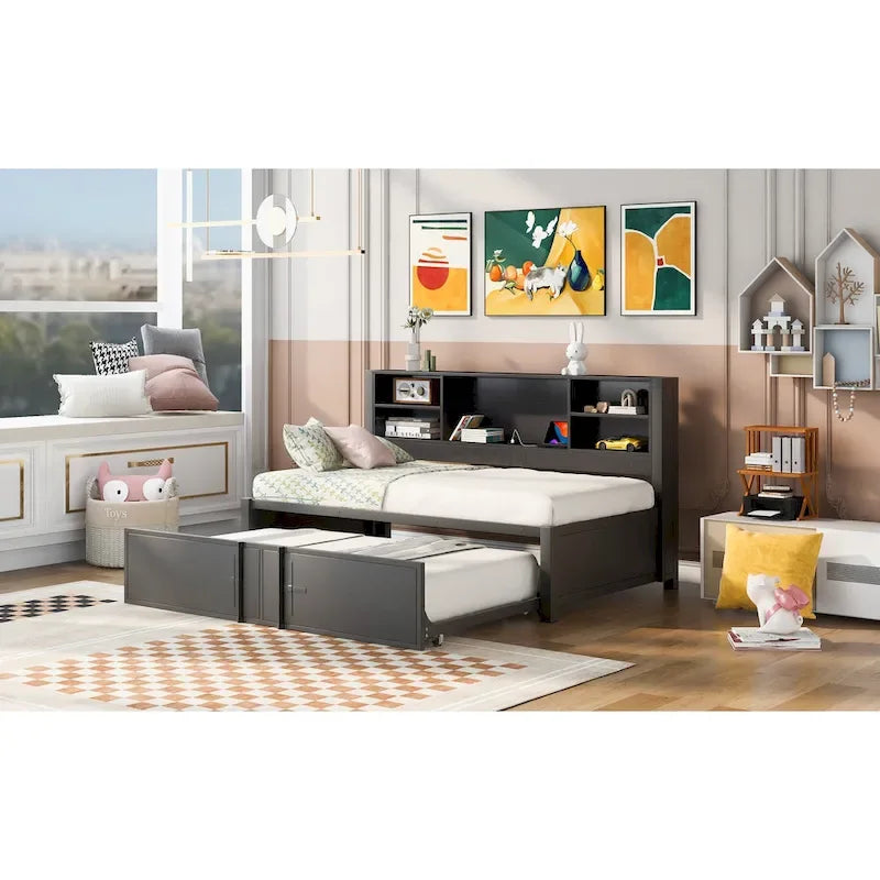Lit de repos double en métal avec lit gigogne double, étagères de rangement et ports USB, noir