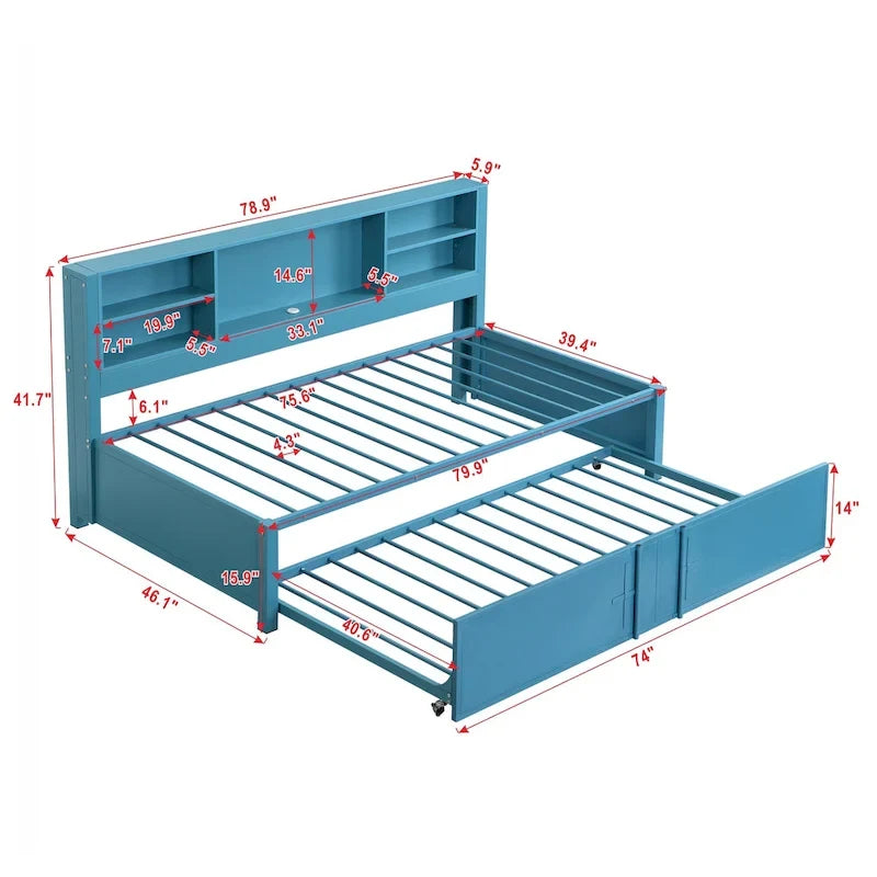 Lit de repos double en métal avec lit gigogne double, étagères de rangement et ports USB, noir