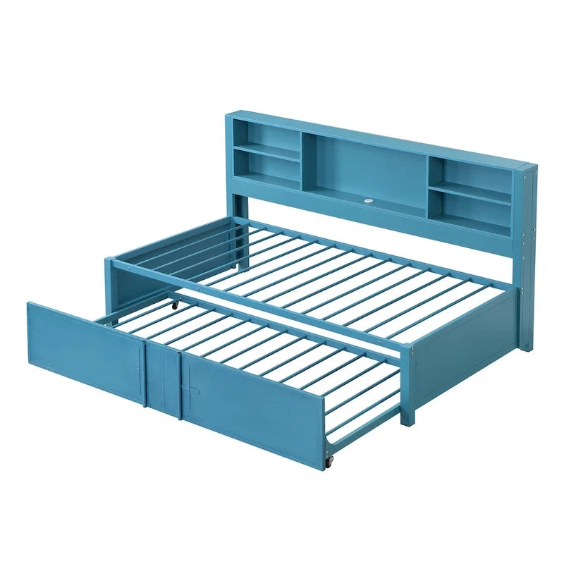 Lit de repos double en métal avec lit gigogne double, étagères de rangement et ports USB, noir