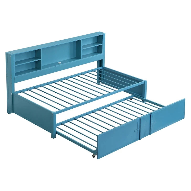 Lit de repos double en métal avec lit gigogne double, étagères de rangement et ports USB, noir