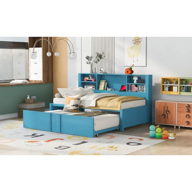Lit de repos double en métal avec lit gigogne double, étagères de rangement et ports USB, noir