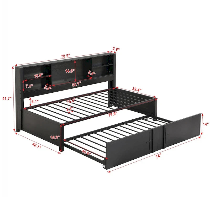 Lit de repos double en métal avec lit gigogne double, étagères de rangement et ports USB, noir