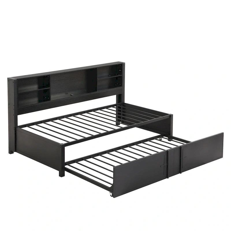 Lit de repos double en métal avec lit gigogne double, étagères de rangement et ports USB, noir